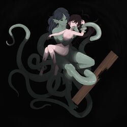 2girls artist_request female_only flat_chest holding holding_person monster_girl multiple_girls octopus_girl tentacle tentacles_around_arms tentacles_around_legs water wooden_plank yuri