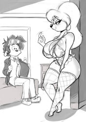 1boy 1girls a_goofy_movie anthro beckoning bedroom big_breasts black_and_white clothing come_hither earrings fishnets huge_breasts inviting_to_sex joelasko lingerie lisa_(a_goofy_movie) original_character stockings tie