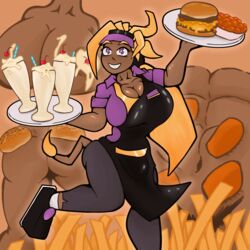 abs atwistedsinner big_breasts blonde_hair bubble_butt burger cheese cheeseburger cherry cleavage cow_girl fast_food food freckles gigantic_breasts horn huge_breasts milk milkshake multiple_views png purple_eyes smile taura thick_thighs visor_cap