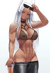 1girls abs animal_ears athletic_female bikini bra breasts bunny_ears bunny_girl clothing cutesexyrobutts_(style) dark-skinned_female dark_skin female female_focus female_only fit_female highres kemonomimi large_breasts mature_female miruko my_hero_academia navel nipples nipples_visible_through_clothing no_shirt pants pants_pull red_eyes rumi_usagiyama see-through see-through_bra see-through_clothing see-through_top shounen_jump simple_background slim_waist solo sunglasses sunglasses_on_head thick_thighs tight tight_pants tomboy toned underwear white_background white_hair wide_hips zefra_bleu