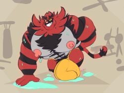 5_fingers abs anthro big_bulge big_muscles big_nipples bodily_fluids bulge chest_tuft clothed clothing exercise fingers fur green_eyes hi_res huge_bulge hyper hyper_bulge incineroar looking_at_viewer male male_focus male_only male_solo muscular muscular_anthro muscular_male nintendo nipples pecs pink_nipples pokémon_(species) pokemon push-up red_body red_fur solo solo_male spacebrute stripes sweat teeth tuft underwear underwear_only video_games workout workout_equipment yellow_sclera