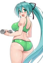 dumbbell exercising hatsune_miku looking_at_viewer looking_back ponytail smiling vocaloid