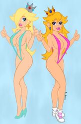 2girls bikini blonde_hair blue_background blue_bikini blue_eyes breasts cleavage docbaghead female female_only full_body high_heels long_hair mario_(series) multiple_girls nintendo pink_bikini princess_peach princess_rosalina shoes simple_background sling_bikini smile standing super_mario_galaxy swimsuit thighs thumbs_up