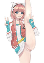ai:_the_somnium_files censored double_peace_sign double_v female iris_sagan leg_up pink_hair pussy solo split splits standing_split v vertical_splits