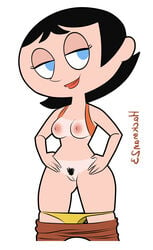 black_hair black_pubic_hair blue_eyes female hackman hand_on_hip large_breasts ms._keane panties_down pants_down powerpuff_girls pubic_hair short_hair smile solo standing tanline teacher yellow_panties