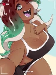 1girls cleavage crop_top dark-skinned_female dark_skin freckles green_eyes kinjero marina_(splatoon) nintendo octoling recording selfie shorts solo solo_female splatoon splatoon_2