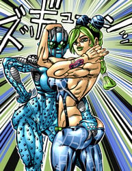 2girls ass_cleavage ass_grab big_ass blue_skin breasts butt_crack color female female_only goudadunn green_hair green_lipstick groping hi_res highres humanoid jojo's_bizarre_adventure jolyne_kujo muscular muscular_female shounen_jump stand_(jjba) stone_free stone_ocean toned