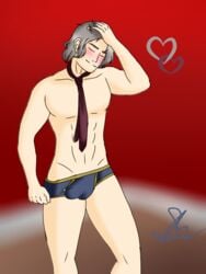 erection_under_clothes male_only snake_(zero_escape) tie underwear zero_escape