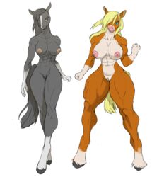 2019 abs anthro areola audunor big_breasts biped blonde_hair blue_eyes breasts countershading digital_media_(artwork) duo equid equine female genitals gloves_(marking) hair hi_res horse mammal markings muscular muscular_anthro muscular_female nipples nude pussy simple_background white_background wide_hips