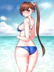 1girls ass beach bikini black_survival blush brown_hair dochi fiora_pellerin green_eyes hair_ornament looking_at_viewer looking_back partially_clothed ponytail swimsuit