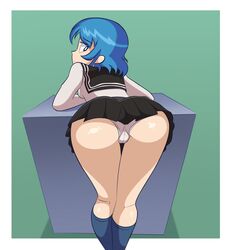 2020 ass ass back back_view black_eyes blue_hair clothed clothing from_behind hair human looking_at_viewer looking_back original original_character panties pussy school_uniform skirt socks upskirt vagina vineatos