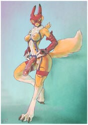 anthro athletic_futanari black_sclera blue_eyes breasts canid canine chest_fur clothing collar digimon digimon_(species) digital_media_(artwork) digital_painting_(artwork) digitigrade dildo dominatrix female fox fur gloves gloves_(marking) handwear harness knot latex_gloves leg_markings looking_at_viewer mammal markings mask renamon sex_toy simple_background socks_(marking) solo solo_focus strapon trogan yellow_body yellow_fur