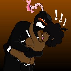 (bbpanzu) 1boy 1girls afro anthro arms_behind_head black_hair black_skin canon_couple carol_x_whitty dark-skinned_female dark_skin female friday_night_funkin heart-shaped_pupils hetero heterosexual heyelligator legs_around_waist socks standing_sex whitty whitty_(friday_night_funkin)