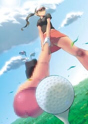 big_breasts big_penis brown_eyes brown_hair censored day erection female futanari gloves golf hat hyper_penis long_penis outdoors penis skirt uniform wind