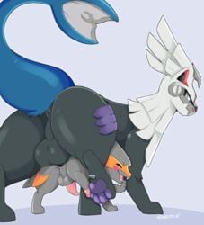 2021 anus ass balls balls_deep big_balls big_butt big_dom_small_sub blush duo electrike fan_character feral genitals hi_res kay_(thiccvally) legendary_pokémon male male/male male_penetrated male_penetrating male_penetrating_male nintendo pawpads penetration perineum pixelyteskunk pokémon_(species) pokemon raised_tail rear_view silvally simple_background size_difference video_games