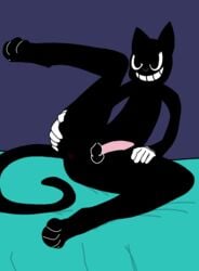 1boy animal_genitalia asshole balls bedroom big_eyes black_eyes black_fur black_nose cartoon_cat cat cat_ears cat_humanoid cat_tail feline feline_penis femboy furry gay gloves hand_on_leg male male_only open_legs riskaver_(artist) smile trevor_henderson twink yaoi