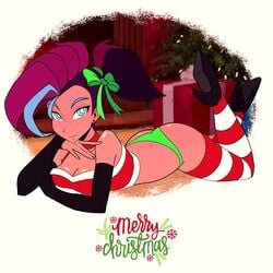 2019 60fps animated ass ass_shake blue_eyebrows blue_eyes bow butt_wiggle christmas christmas_outfit christmas_tree cleavage ear_piercing fireplace hair_ribbon high_heels high_resolution highres interpolated long_hair moika moikaloop multicolored_hair no_sound original original_character panties presents shaking_ass shaking_butt shoes stockings striped_legwear tan_skin upscaled video webm wiggle wiggling