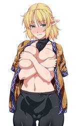 1girls big_breasts blonde_hair cameltoe covering_breasts female mizuhashi_parsee no_panties ootsuki_wataru pointy_ears tagme touhou undressing