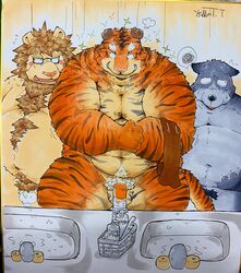 2021 anthro balls bathroom belly blush brown_body brown_fur canid canine canis domestic_dog eyewear felid flaccid fur genitals glasses group hi_res humanoid_genitalia humanoid_penis kemono lion male male/male mammal moobs orange_body orange_fur overweight overweight_male pantherine penis suishou0602 tiger