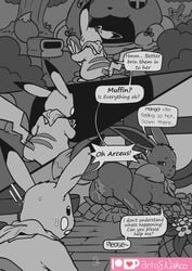 2021 ambiguous_gender bodily_fluids comic conditional_dnp dialogue duo eevee english_text feet female feral fur genital_fluids genitals greyscale hi_res in_heat male mango_the_pikachu monochrome muffin_the_eevee nakoo nintendo nude open_mouth paws pikachu pokémon_(species) pokemon pokemon_mystery_dungeon pussy scarf speech_bubble text toes video_games