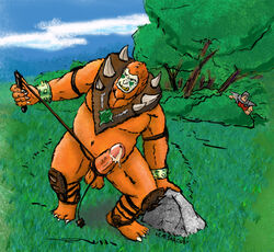 balls beast-man bodily_fluids brown_body brown_fur caesarcub cum detailed_background duo erection fur genital_fluids genitals humanoid humanoid_genitalia humanoid_hands humanoid_penis male male_only masters_of_the_universe mattel outside penis plant precum solo_focus tree