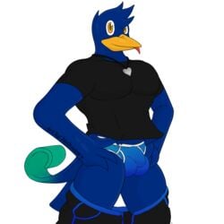 1:1 alpha_channel anthro avian balls beak bird briefs bulge clothed clothing clothing_lift genitals hair male muscular muscular_anthro muscular_male notkastar notska_(character) pants_down partially_clothed pecs presenting shirt shirt_lift smile solo text tongue tongue_out topwear underwear