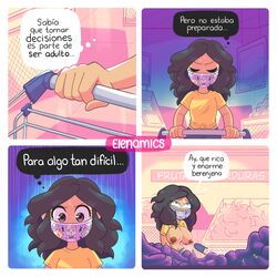 1girls black_hair breasts brown_eyes closed_eyes clothed clothed_female clothing comic elena_(elenamics) elenamics exhibitionism female motoanexo no_bra spanish_text text translation_request xmdfks