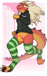 anthro blonde_hair claws clothed clothing dragon female finger_claws genitals green_eyes hair hi_res horn nitani pawpads pussy red_body simple_background solo tail wingless_dragon