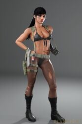 1girls 3d abs blankpins blizzard_entertainment bra breasts cosplay dark-skinned_female fit hand_on_hip hi_res high_resolution highres leather_boots medium_breasts metal_gear_solid muscular_female nude_female overalls overwatch panties pantyhose pharah ponytail posing quiet_(metal_gear)_(cosplay) see-through sideboob simple_background solo sweat tactical_nudity toned torn_clothes torn_pantyhose viewed_from_behind wet