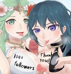 2girls bikini black_bikini black_swimsuit blue_eyes breasts breasts_out byleth_(fire_emblem) byleth_(fire_emblem)_(female) byleth_(summer)_(fire_emblem)_(female) censored double_paizuri fire_emblem fire_emblem:_three_houses fire_emblem_heroes fox_(artist) green_eyes green_hair large_breasts medium_hair milestone_celebration nintendo nipples paizuri rhea_(fire_emblem) rhea_(summer)_(fire_emblem) sticking_out_tongue straight swimsuit teal_hair thank_you tongue tongue_out white_bikini white_swimsuit