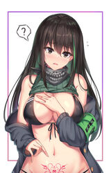 1girls ? adapted_costume armband bangs bare_shoulders bikini black_bikini black_eyes black_hair blush border breasts cenangam clothes_lift commentary_request cowboy_shot d: eyebrows_visible_through_hair female flying_sweatdrops girls'_frontline green_hair green_sweater groin hair_between_eyes hand_on_own_chest headphones jacket long_hair looking_at_viewer m4a1_(girls'_frontline) multicolored_hair navel open_mouth outside_border pointing pubic_tattoo ribbed_sweater scarf sidelocks simple_background skull_print solo spoken_question_mark stomach streaked_hair sweater sweater_lift sweater_vest swimsuit tattoo white_background