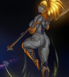 ass dota_2 glowing_eyes glowing_hair lost_mom lostmom pinup pinup_pose robot_girl valora_the_dawnbreaker