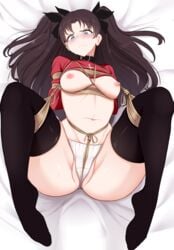 1girls bagelbomb black_legwear black_ribbon bondage breasts fate/stay_night fate_(series) hair_ribbon long_hair lying on_back panties ribbon solo thighhighs tohsaka_rin twintails white_panties