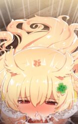 1boy 1girls absurdres bar_censor blonde_hair blush censored cum cum_in_mouth cum_in_nose deepthroat fellatio female full-face_blush hair_wings heart heart-shaped_pupils highres irrumatio jaeger_six long_hair mizumizuni oral penis pov pov_crotch red_eyes stellaria_museline straight symbol-shaped_pupils twitter_username