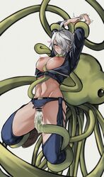 1girls absurdres alien angel_(kof) blush boots breasts chaps clothing consensual_tentacles cowboy_boots cropped_jacket cum cum_in_pussy cum_inside female female_only fingerless_gloves gloves green_tentacles hair_over_one_eye highres interspecies jacket king_of_fighters king_of_fighters_xiv kobi420 large_breasts leather leather_jacket martian_(metal_slug) metal_slug monster nipples penetration pussy restrained sex smile snk solo solo_female spread_legs tentacle tentacle_sex tentacles_under_clothes toned torn_clothes vaginal_penetration white_hair