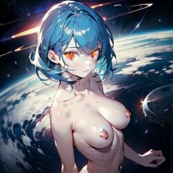 1girls ai_generated alternate_version_available big_breasts blue_hair busty female futuristic glowing_eyes outer_space pixai pooplool sci-fi short_hair sole_female solo solo_female space tagme