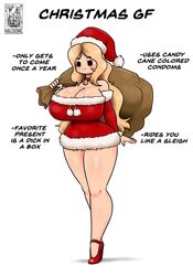 big_breasts breasts christmas christmas_outfit haloowl high_heels ideal_gf text thick_thighs