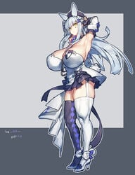 alternate_costume armpits arms_up blue_hair bunny_ears bunny_girl face_markings girls'_frontline green_eyes high_heels hk416_(girls'_frontline) huge_breasts large_breasts long_hair looking_at_viewer melon22 muscular_female short_dress skirt thick_thighs thighhighs