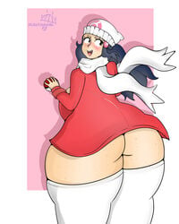 1girls ass beanie big_ass big_breasts black_eyes black_hair blush brollyinthewind coat dawn_(pokemon) fat_ass fat_thighs freckled_skin freckles freckles_on_ass gigantic_ass huge_ass huge_breasts human jpeg lilacumbrella_(artist) long_hair looking_back no_panties oblivious pink_coat pokeball pokemon pokemon_dppt pokemon_platinum scarf simple_background smile smiling solo solo_female solo_focus thick_thighs thighhighs watermark wide_hips young