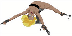 1girls arms_up ass black_canary blonde_hair blue_eyes bondage bound_ankles bound_wrists captured dc dcau dinah_lance green_arrow_(series) justice_league_unlimited legs_held_open legs_tied martbill naked peril prisoner shocked spread_eagle spread_legs struggling