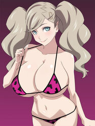 1girls ann_takamaki bangs big_breasts bikini blonde_hair blue_eyes blush breast_expansion breasts byleths200 cleavage cognitive_ann edit female huge_breasts leopard_print leopard_print_bikini lips long_hair looking_at_viewer navel persona persona_5 purple_background ra_pen_ smile smiling solo standing swimsuit twintails