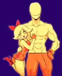 1boy 1girls anthro anthrofied bare_shoulders bigger_male blue_background blush bow breasts bulge canon_couple earrings faceless faceless_male female high_heels huge_bulge humanoid husband_and_wife lipstick looking_away minidress ms._pac-man muscular muscular_male pac-man pac-man_(series) penis_bulge short_lady simple_background smaller_female tagme topless video_games void_dot_exe yellow_body yellow_skin