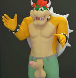 3d 3d_(artwork) blender_(software) bottomwear bowser clothed clothing collar digital_media_(artwork) genitals humanoid_hands koopa looking_at_viewer male male_only mario_(series) nintendo pants penis penis_through_fly poking_out presenting reptile scalie shell solo spiked_collar spikes topless video_games xr0n0s