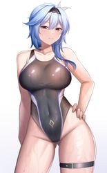 1girls ass_visible_through_thighs blue_hair breasts competition_swimsuit eula_(genshin_impact) female female_only genshin_impact guardian-panda hand_on_hip hi_res highleg large_breasts one-piece_swimsuit skintight smile solo swimsuit thick_thighs thighs wet wide_hips