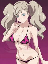 1girls 3:4 animated ann_takamaki bangs big_breasts bikini blonde_hair blue_eyes blush blushing breast_expansion breasts byleths200 cleavage cognitive_ann female female_only huge_breasts large_breasts leopard_print leopard_print_bikini lips long_hair looking_at_breasts looking_at_viewer navel persona persona_5 purple_background ra_pen_ slideshow smile smiling smiling_at_viewer solo solo_female standing swimsuit twintails