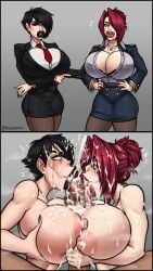 1boy 2girls 2koma :>= alternate_version_available big_lips bimbo black_hair black_lipstick bukkake cleavage clothed clothing collaborative_fellatio cum cum_on_breasts cum_on_face cum_on_upper_body double_paizuri fellatio female foreskin huge_breasts instant_loss_2koma large_lips licking licking_penis lipstick lipstick_mark lipstick_on_penis male multiple_girls offscreen_character oral paizuri rainbow_party raiounsfw red_hair red_lipstick skirt sloppy sucking suit tagme teamwork thick_lips thick_thighs threesome unseen_character veni_(seztren) vlora_"corpocunt"