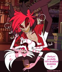 2boys alastor_(hazbin_hotel) alcohol angel_dust_(hazbin_hotel) blush chest_tuft choking daddy_kink dark_skin deer demon drunk grabbing_neck hazbin_hotel holding implied_anal implied_sex laying_down legs_up legs_wrapped_around_partner licking_lips looking_at_partner looking_down looking_pleasured male male_only male_penetrated male_penetrating mostly_nude naked nude smile smiling spider spread_legs squint sqwdink sweat text thighhighs tongue tongue_out vivienne_medrano white_body white_hair yaoi