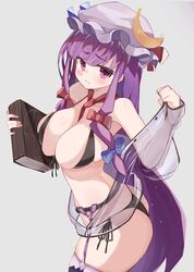 1girls 2021 ass big_ass big_breasts blush breasts female hat headwear looking_at_viewer micro_bikini patchouli_knowledge purple_hair semotare touhou witch youkai