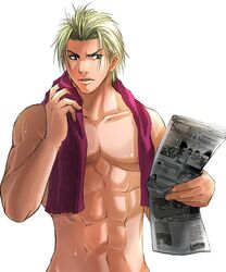 1boy king_of_fighters male_only muscular muscular_male newspaper shen_woo shirtless simple_background snk solo_male sweating tagme towel_on_shoulders unknown_artist white_background