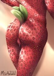 absurd_res anthro ass bodily_fluids dated digital_media_(artwork) elemental_creature elemental_humanoid female flora_fauna food food_creature food_humanoid fruit fruit_humanoid genital_fluids genitals hi_res humanoid living_fruit miramore not_furry nude plant plant_humanoid plant_tail pussy pussy_juice rear_view signature simple_background solo strawberry trypophobia